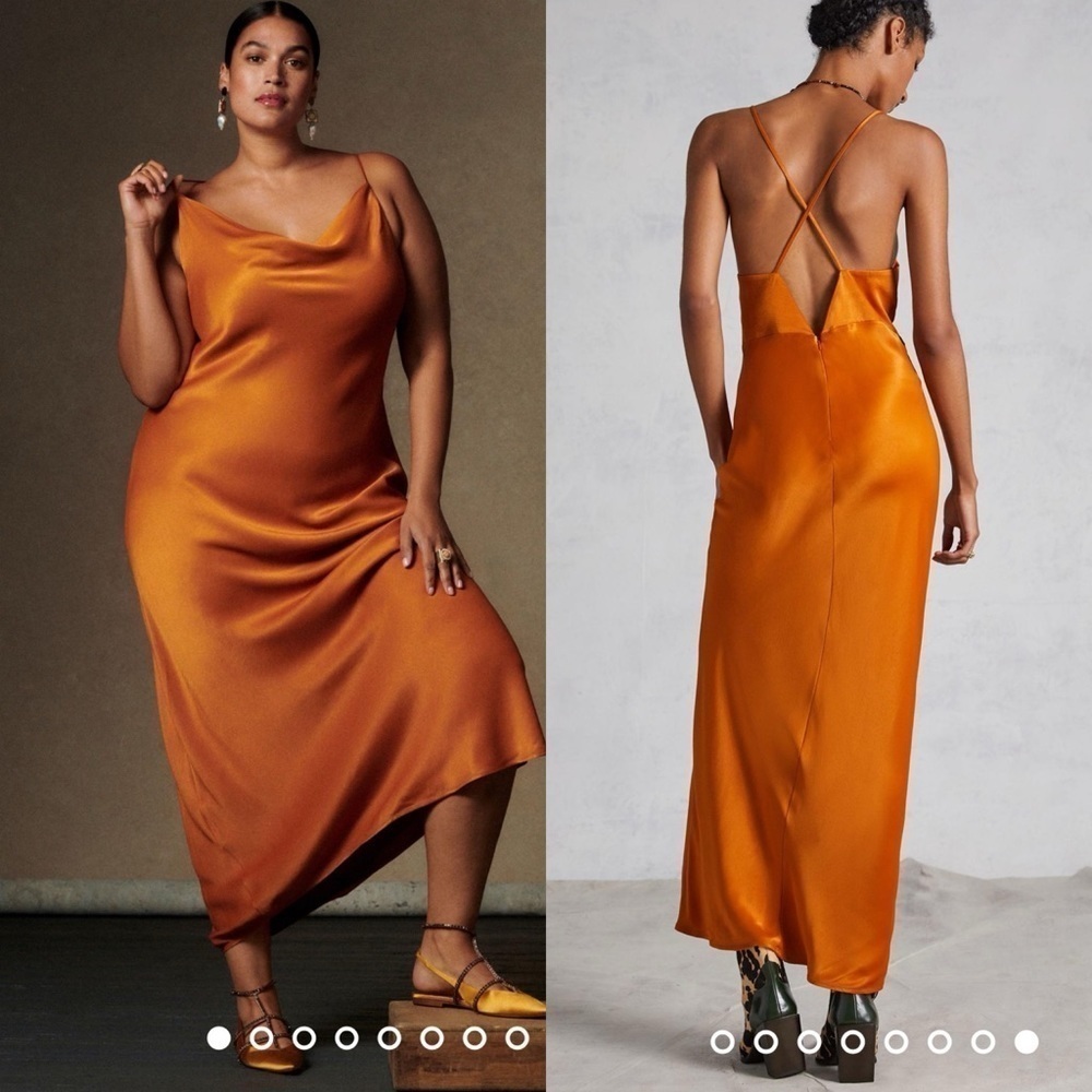 NWT Anthropologie Cowl Neck dark orange rust satin Slip Maxi Dress 12 petite